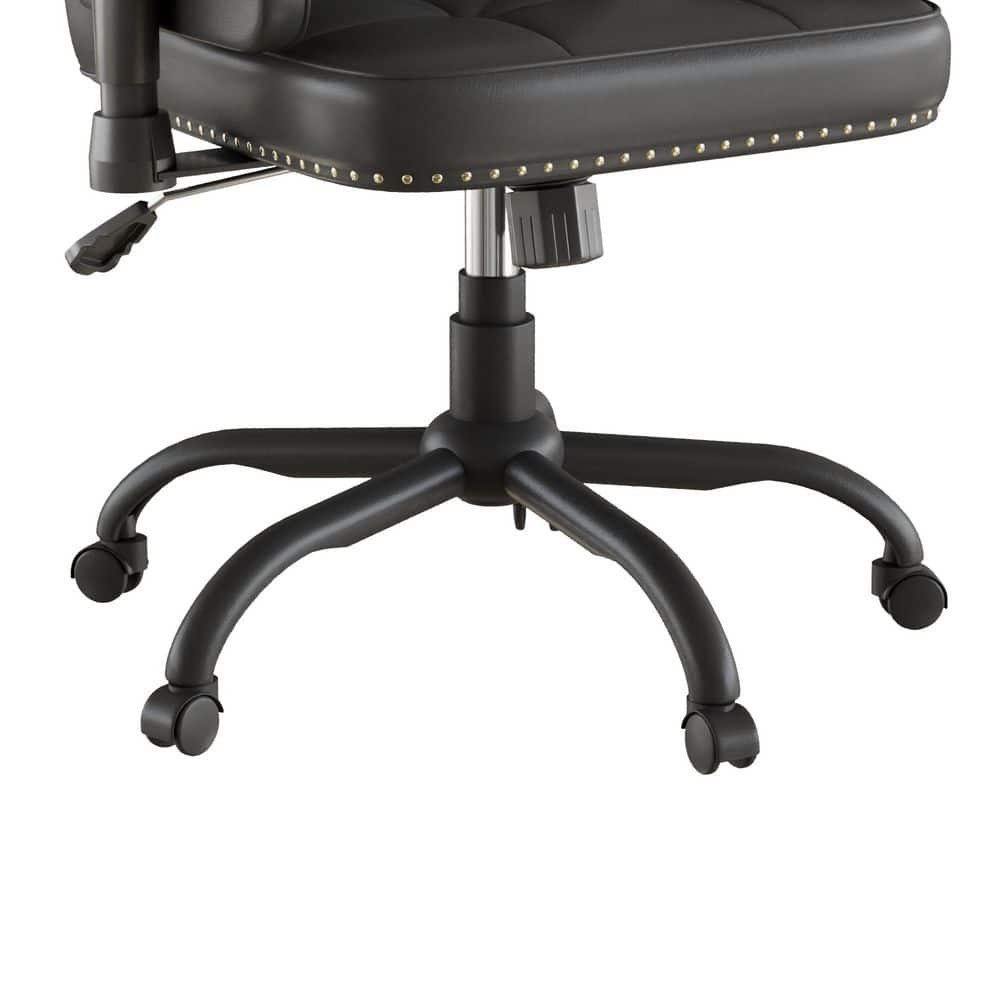 Close-up of the office chair's base, casters, and height adjustment lever.