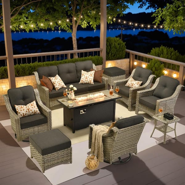 weaxty W Tulip R 9-Piece Wicker Patio 54 in. Fire Pit Conversation Set ...
