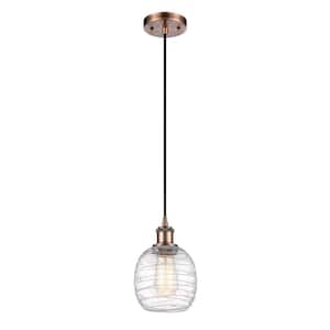 Belfast 1-Light Antique Copper Shaded Pendant Light with Deco Swirl Glass Shade