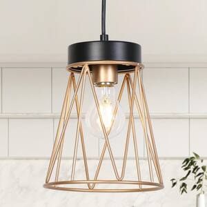 Modern Farmhouse 1-light Matte Black Pendant Light with Dark Gold Cage Shade, Hanging Lamp for Dining Room, Kitchen