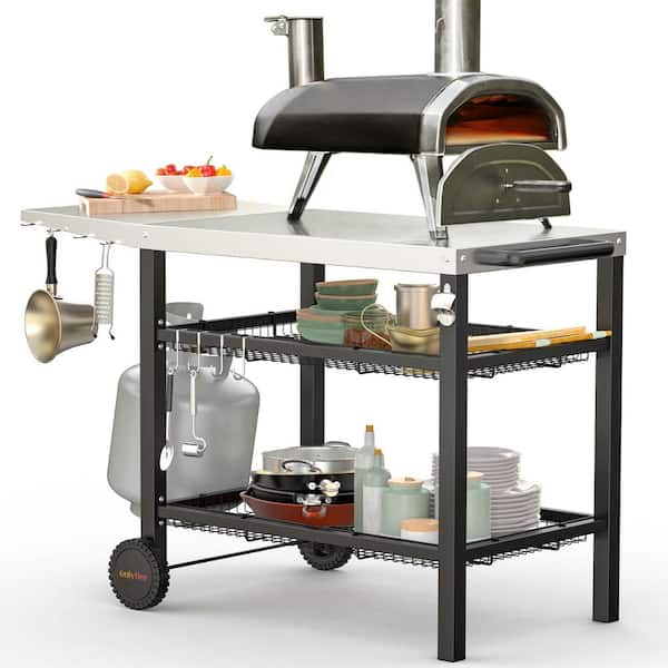 onlyfire 3-Shelf Outdoor Movable Food Prep Grill Cart Table with XL Stainless Steel Foldable Side Table