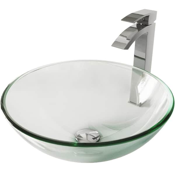 VIGO Glass Round Vessel Bathroom Sink in Iridescent with Duris Faucet and Pop-Up Drain in Chrome
