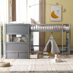 Gray Twin-Over-Twin Triple Bunk Bed with 2-Drawers, L Shaped Bunk Bed Attached A Loft Bed,3 Bed Bunk Beds for Kids,Teen