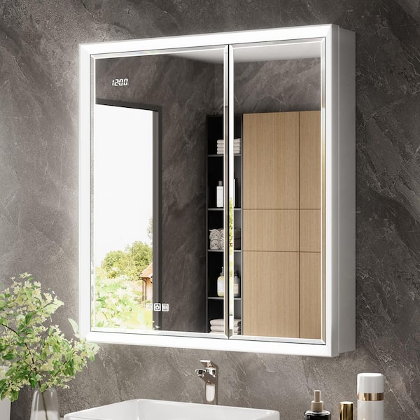 Anglora 30 in. W x 32 in. H LED Beveled Edge Rectangular Aluminum Recessed/Surface Wall Medicine Cabinet with Mirror