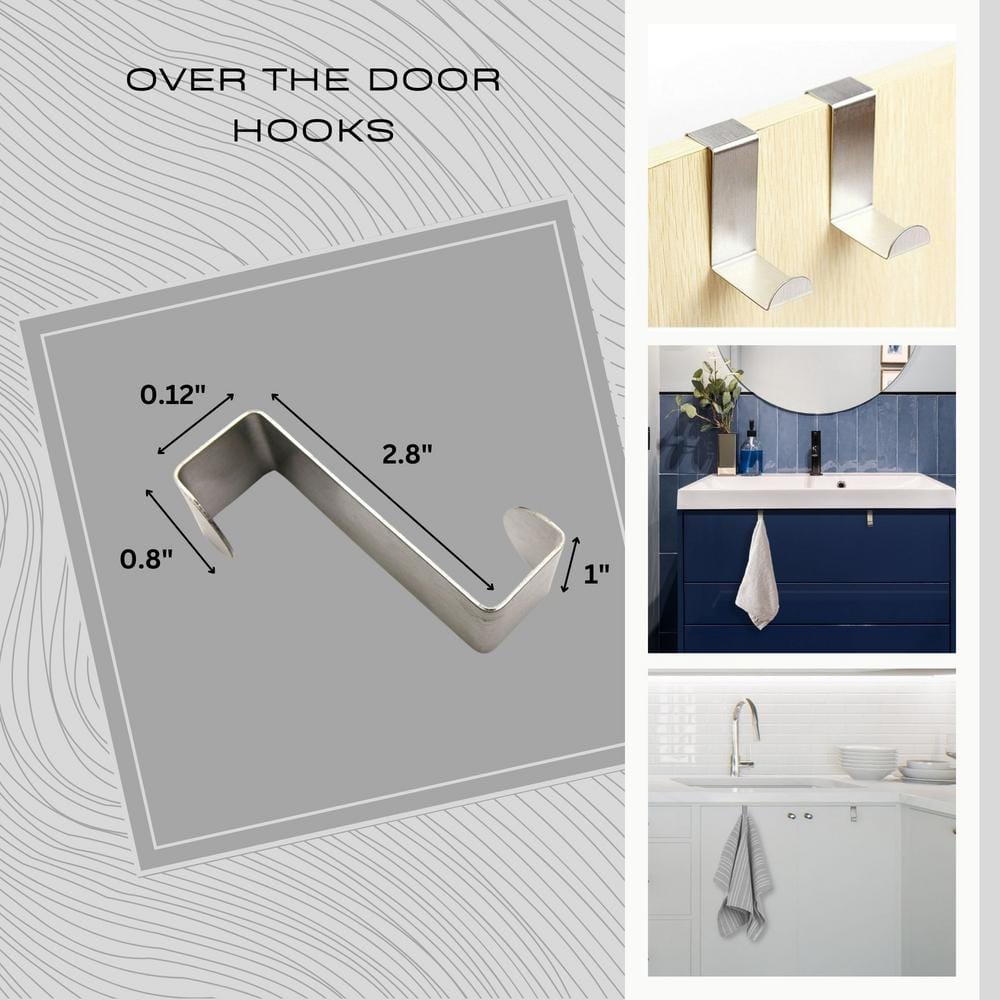 Silver Stainless Steel Over Cabinet Door Hooks Set of 2