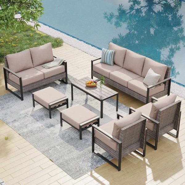 7 Pieces Patio Conversation Set Sofa Set with Coffee Table Gray PE Wicker with Sand Cushion