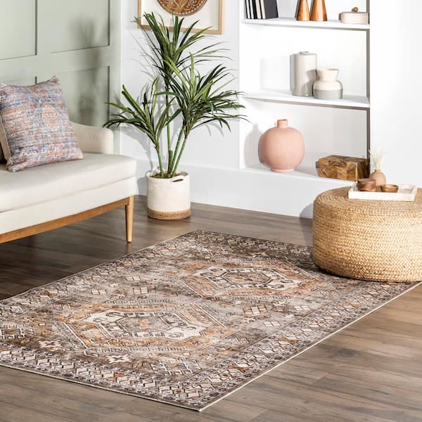 Mae Machine Washable Tribal Motif Brown 4 ft. x 6 ft. Area Rug