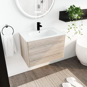 30 in. W Modern Style Wall Mounted Bathroom Vanity with White Sink in Wooden