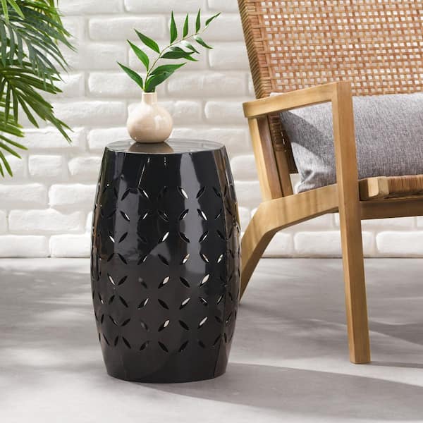 Black Charming Barrel Structure All-Metal Outdoor Side Table with Simplified Floral Pattern, No Assembly Required