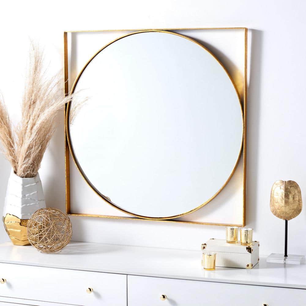 32" Geometric Round Wood Mirror with Gold Foil Accent