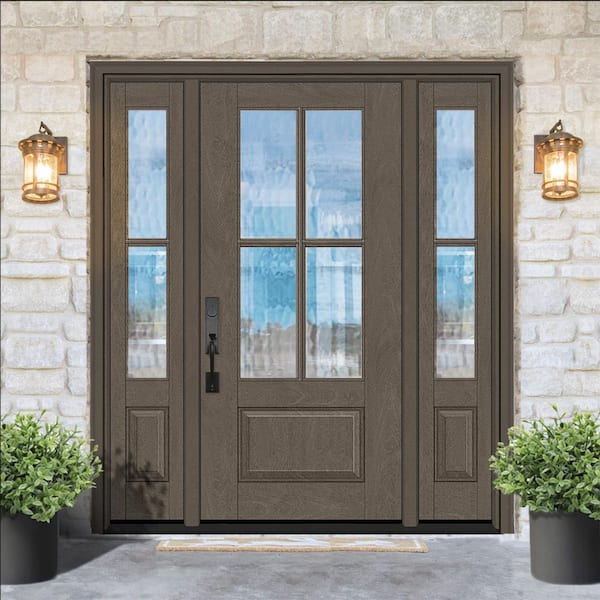 Regency 64 in. x 80 in. 3/4Lite 4SDL Oasis Deco Glass RHIS Prefinish Ashwood Fiberglass Prehung Front Door w/2_ 12inSL