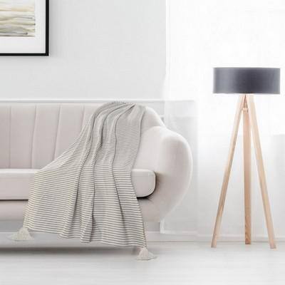 Gray and White Cotton Striped Throw Blanket with Tassels