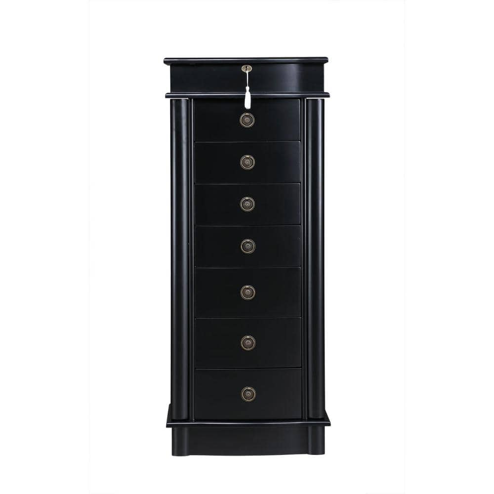 Black Modern 7-Drawer Jewelry Armoire with Mirror