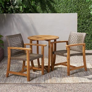Doral Teak Brown 3-Piece Wood Round Outdoor Dining Set with Mixed Mocha Faux Rattan Seat