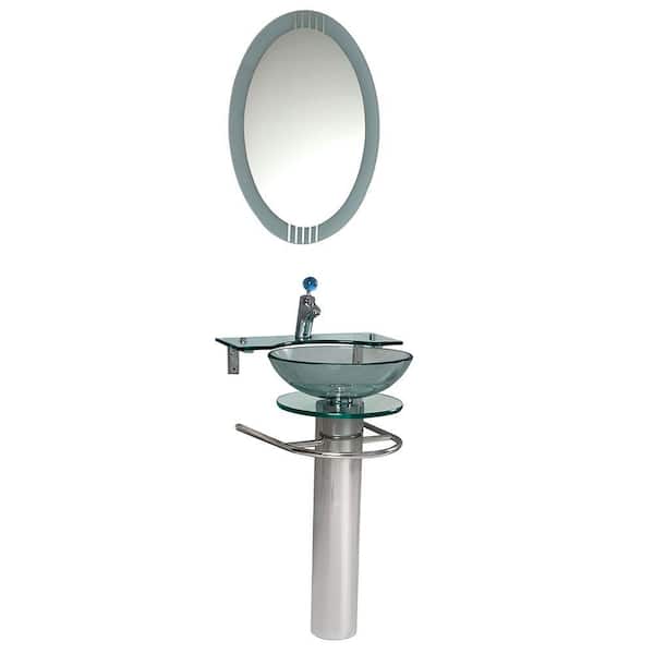 Fresca Ovale Vessel Sink in Clear Glass with Stand in Chrome and Frosted Edge Mirror (Faucet Not Included)