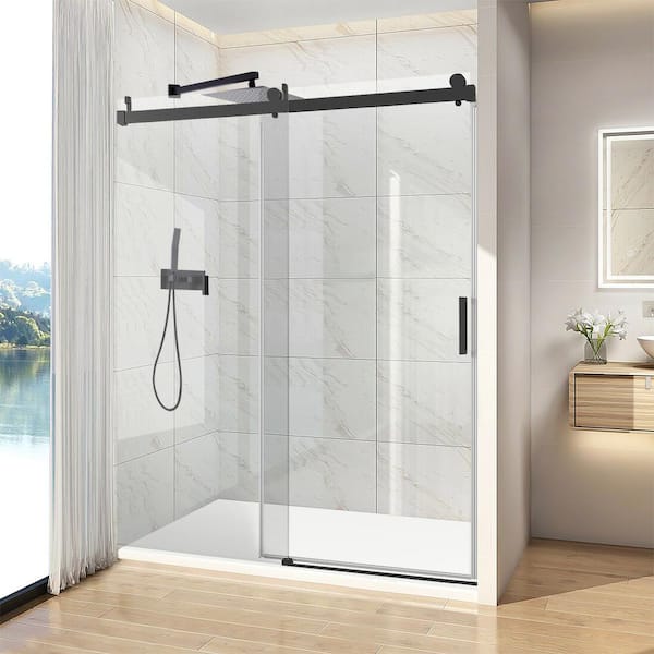 ANGELES HOME 56-60 in. W x 76 in. H Single Sliding Frameless Soft-Close Shower Door in Matte Black with Premium Tampered Glass