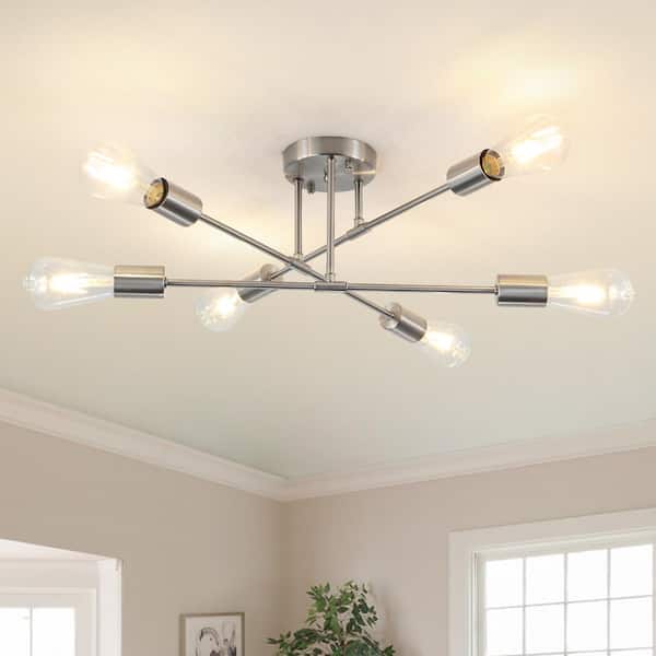 LWYTJO 20.66 in. 6-Light Nickel Dimmable Sputnik Chandelier Modern Linear Semi Flush Mount Ceiling Light for Office Living Room