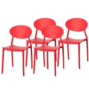 Modern Plastic Outdoor Dining Chair with Open Oval Back Design in Red (Set of 4)