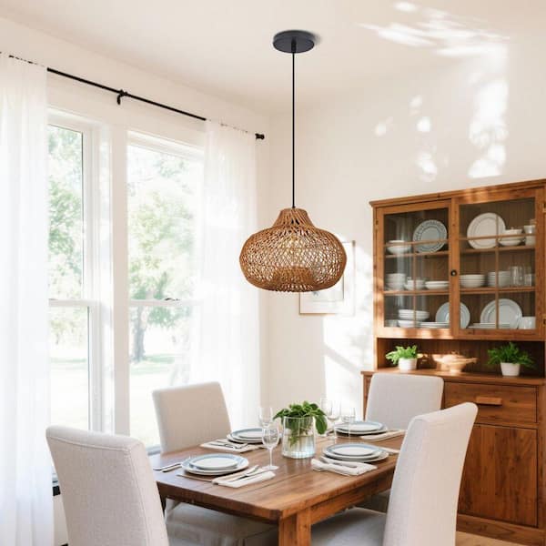 1-Light Warm Natural Handwoven Rattan Pendant Light with White Iron Frame, Spherical Shade, No Bulbs Included, 14 in.