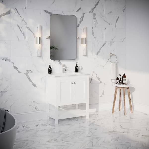 Manchester 30 in. Single Sink Shaker-Style White Bath Vanity with White Quartz Top and Integrated Sink