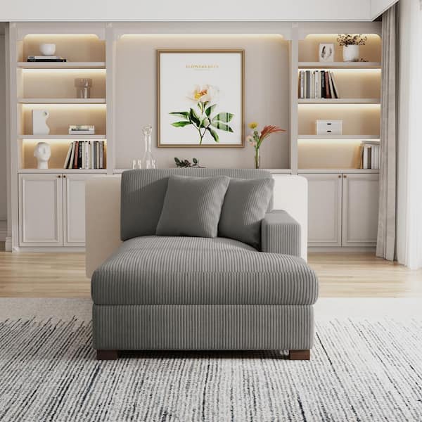 Uixe Light Gray Corduroy Polyester Right Arm Facing Sectional Chaise Lounge with Wood Legs(Set of 1)