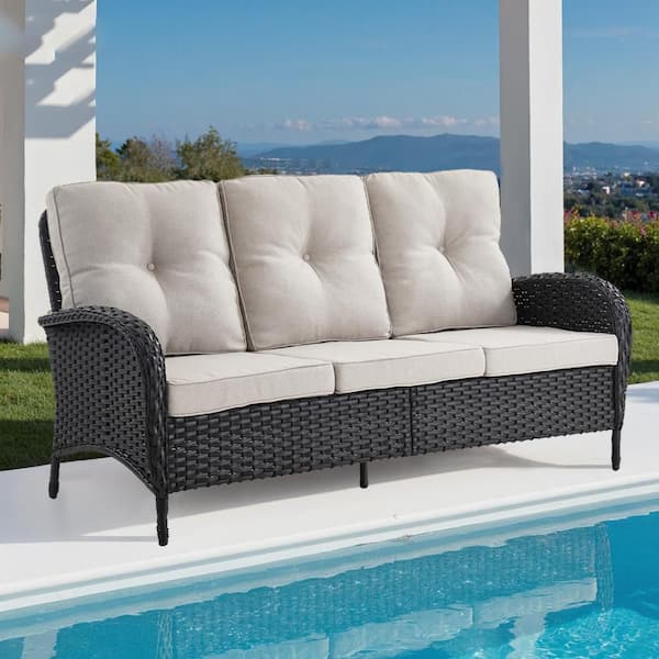 Flat armrest series 3 Seat Black Wicker Outdoor Patio Sofa Couch with Deep Seating and Bege Cushions