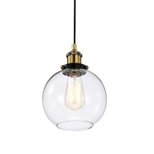 Mateo 1-Light Black and Antique Brass Mini Pendant Light with Clear Globe Glass Shade