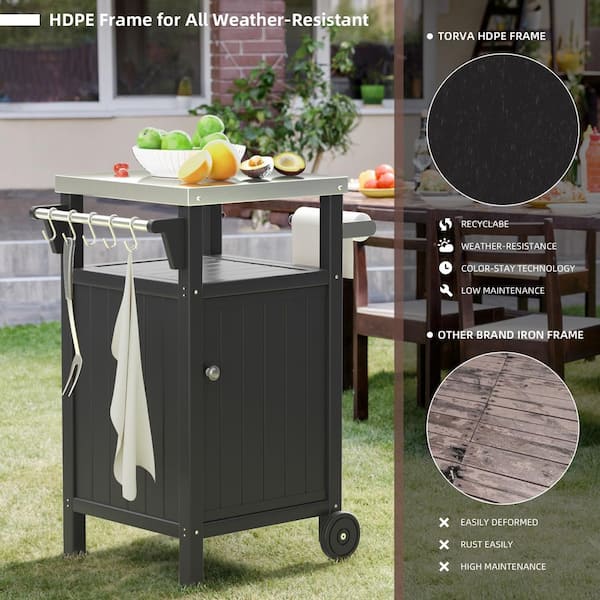 Zeus Ruta Black HDPE Outdoor Grill Stand Kitchen Cart Trolley BBQ Stand Grill Cart with Stainless Steel Tabletop
