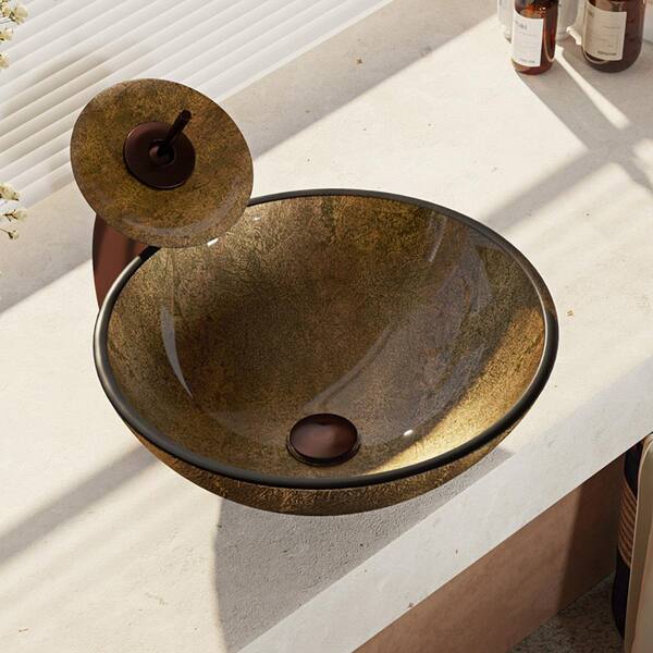 Rene Glass Vessel Sink in Regal Bronze and Earth Tones with Waterfall Faucet and Pop-Up Drain in Oil Rubbed Bronze