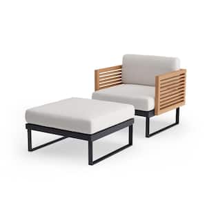 Monterey 2 Piece Aluminum Teak Outdoor Patio Chat Chair and Ottoman Set with Canvas Natural Cushions