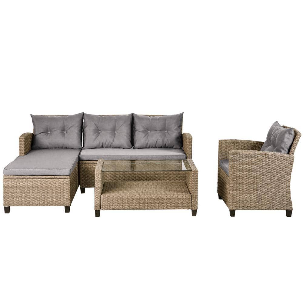 4-Piece Wicker Patio Conversation Set with Beige Brown Cushions