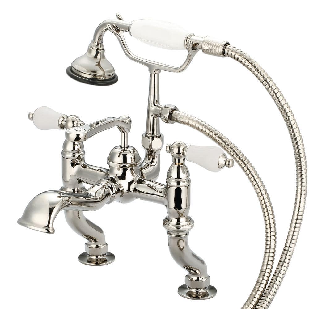 Water Creation 3-Handle Vintage Claw Foot Tub Faucet with Hand Shower and Porcelain Lever Handles in Polished Nickel PVD