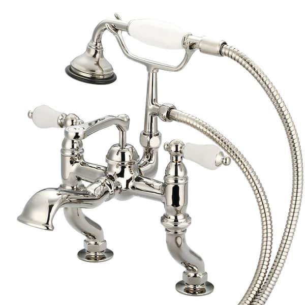 Water Creation 3-Handle Vintage Claw Foot Tub Faucet with Hand Shower and Porcelain Lever Handles in Polished Nickel PVD