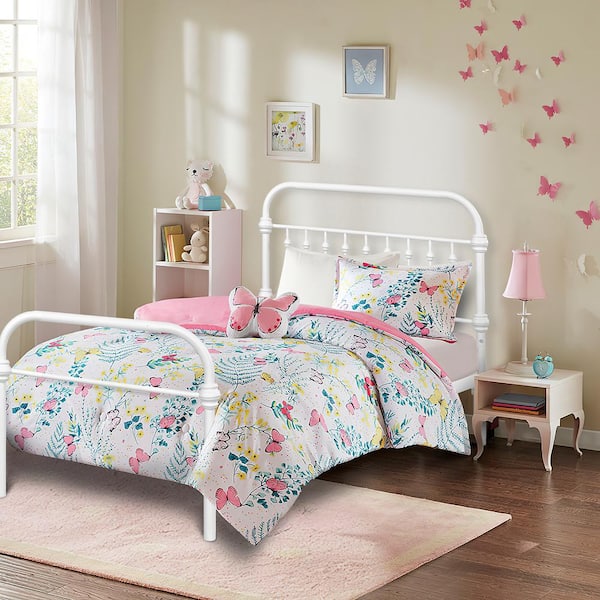 Homy Casa Gobert White Twin Size Heavy Duty Metal Frame Standard Platform Bed with Headboard