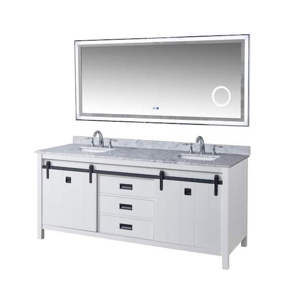 72 in. W x 25 in. D x 32 in. H Double Sink Freestanding Bath Vanity in White with White Carrara Marble Top and Mirror