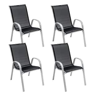 White Frame Metal Stackable Armrests Outdoor Dining Chair Set in Black (Set of 4)