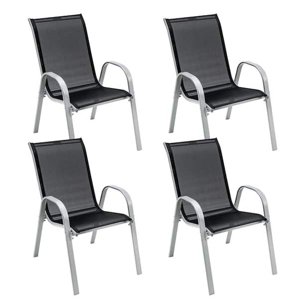 WELLFOR White Frame Metal Stackable Armrests Outdoor Dining Chair Set in Black (Set of 4)