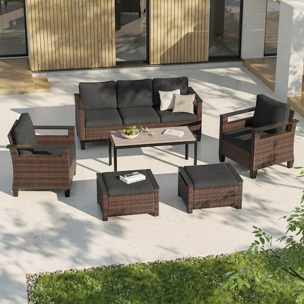 JOYESERY 6-Pieces Patio Conversation Set with Coffee Table Wide Armrests Sofa Brown PE Wicker with Black Cushions
