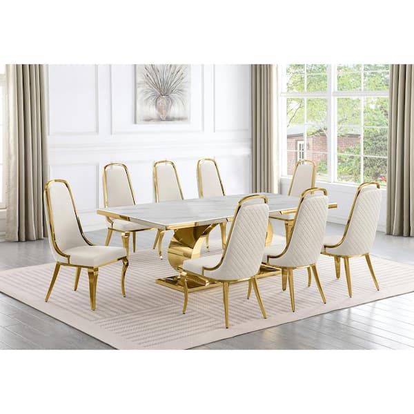 Best Quality Furniture Ibraim 9-Piece Rectangle White Marble Top Gold Stainless Steel Dining Set with 8 Cream Velvet Gold Chrome Iron Chair