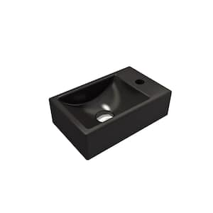 Milano Wall-Mounted Matte Black Fireclay Bathroom Sink 14.5 in. 1-Hole Right Side Faucet Deck
