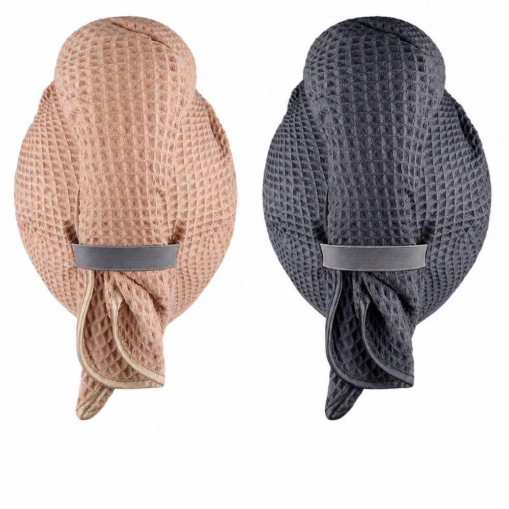 Grey and Brown Microfiber Hair Towel Wrap 2 Pack Waffle Texture Fast Drying Absorbent Bath Accessory for Women