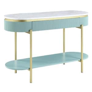 16 in. White, Teal and Gold Oval Marble Top Console Table with 1-Drawer and Open Shelf