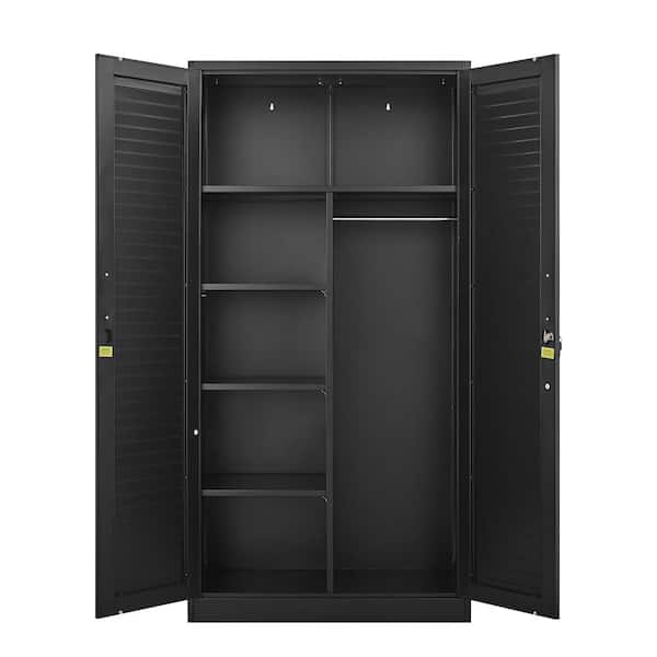 Metal Garage Storage Cabinet with 2 Doors ＆ Adjustable Shelves, Black 71 in. H Steel Lockable File Cabinet w/Hanging Rod