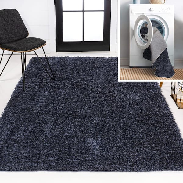 JONATHAN Y Navy 3 ft. x 5 ft. Clayton Coastal Solid Glam Shag Machine-Washable Area Rug