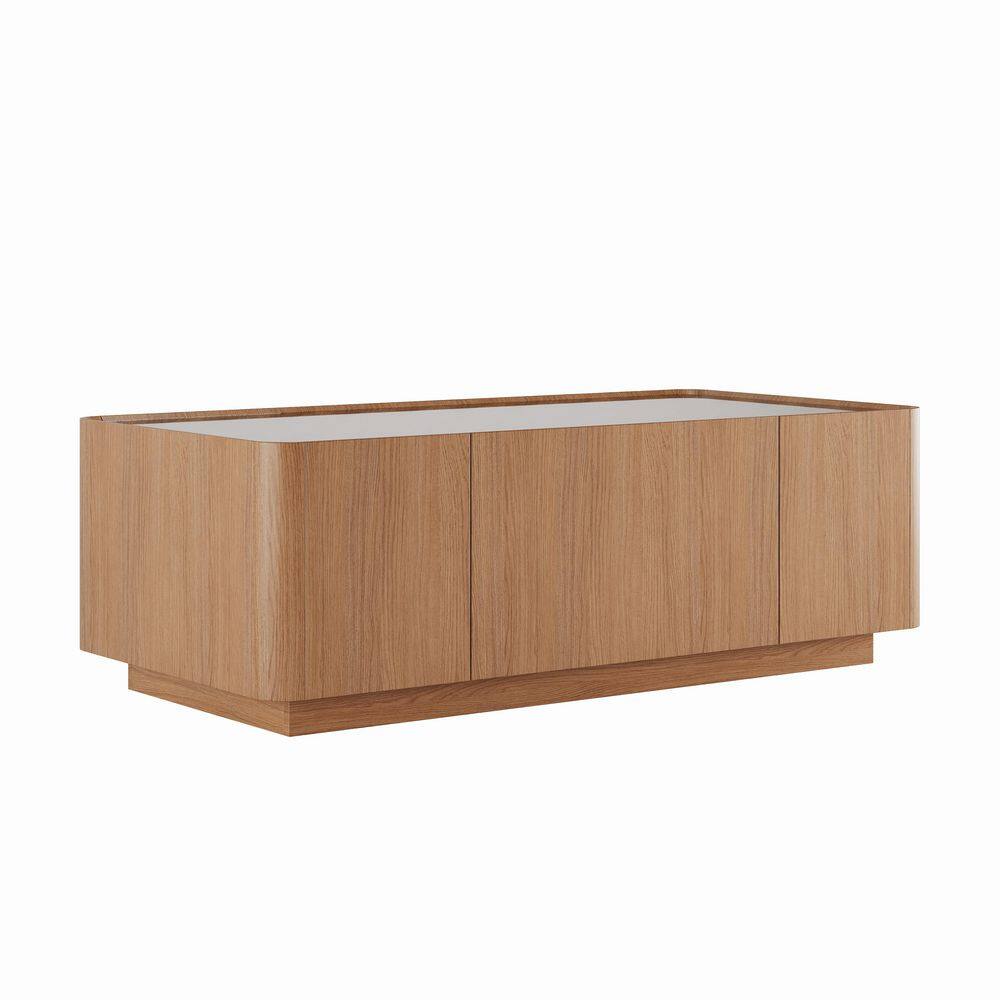 Karter 46.8 in. Natural Walnut Rectangle Glass Coffee Table with Hidden Storage Drawers