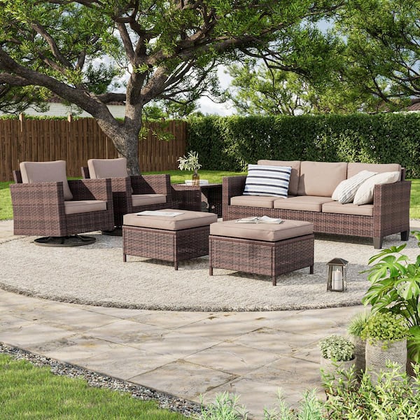 6-Piece Brown Wicker Outdoor Seating Sofa Set with Swivel Rocking Chairs, Sand Cushion