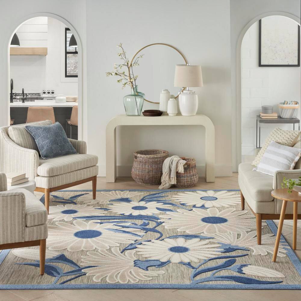 Blue/Grey Floral Synthetic 6' x 9' Flat Woven Rug