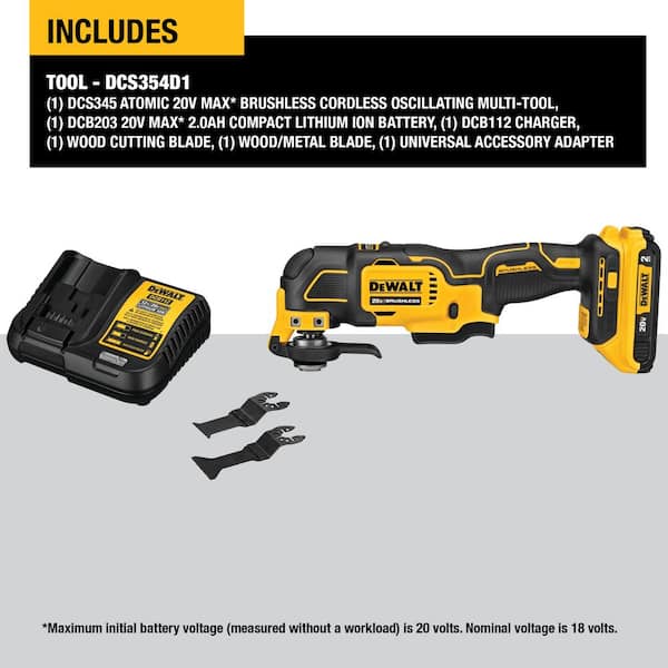 DEWALT ATOMIC 20V MAX Cordless Brushless Oscillating Multi Tool with (1) 20V  2.0Ah Battery and Charger DCS354D1 The Home Depot