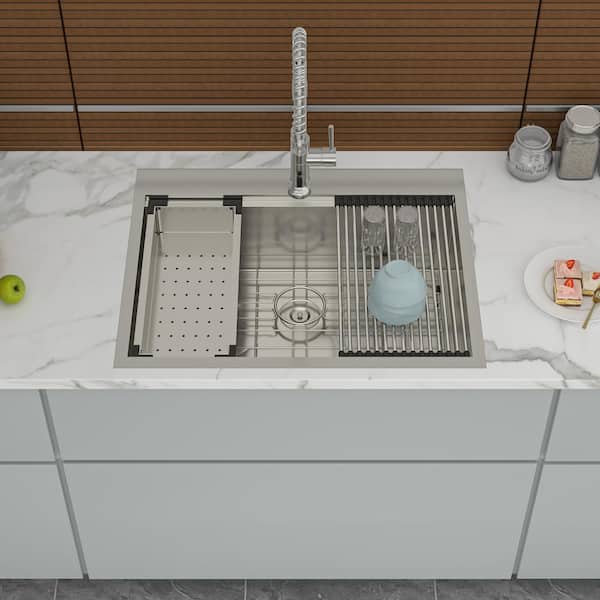 Unbranded 25 in. Drop-In Single Bowl 18 Gauge Brushed Nickel Stainless Steel Kitchen Sink with Bottom Grids