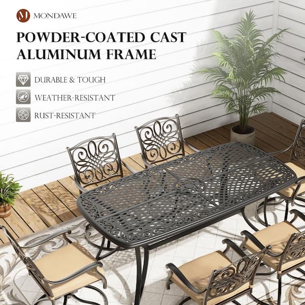Regal Haven Patio Black Gold Rectangle Round Cast Aluminum Outdoor Dining Table with Umbrella Hole